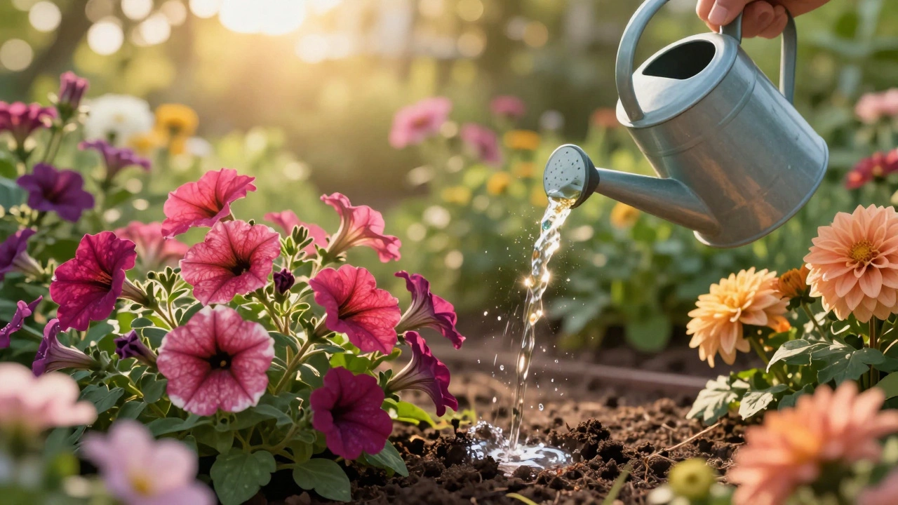 Цветущие растения поливают жидким удобрением в жаркий летний день.