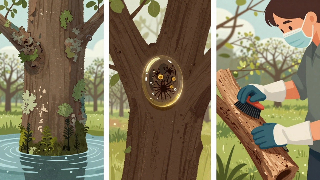 Детализированный обзор трёх методов весенней обработки сада: железный купорос, садовое масло и очистка коры.