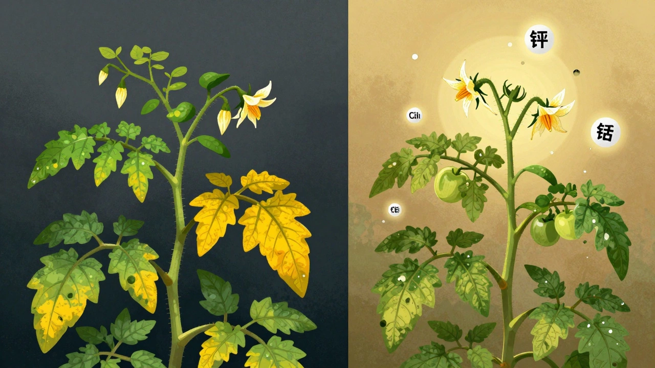 Два состояния помидорного куста: один с желтеющими листьями и опадающими цветами, другой — с цветами и завязями.