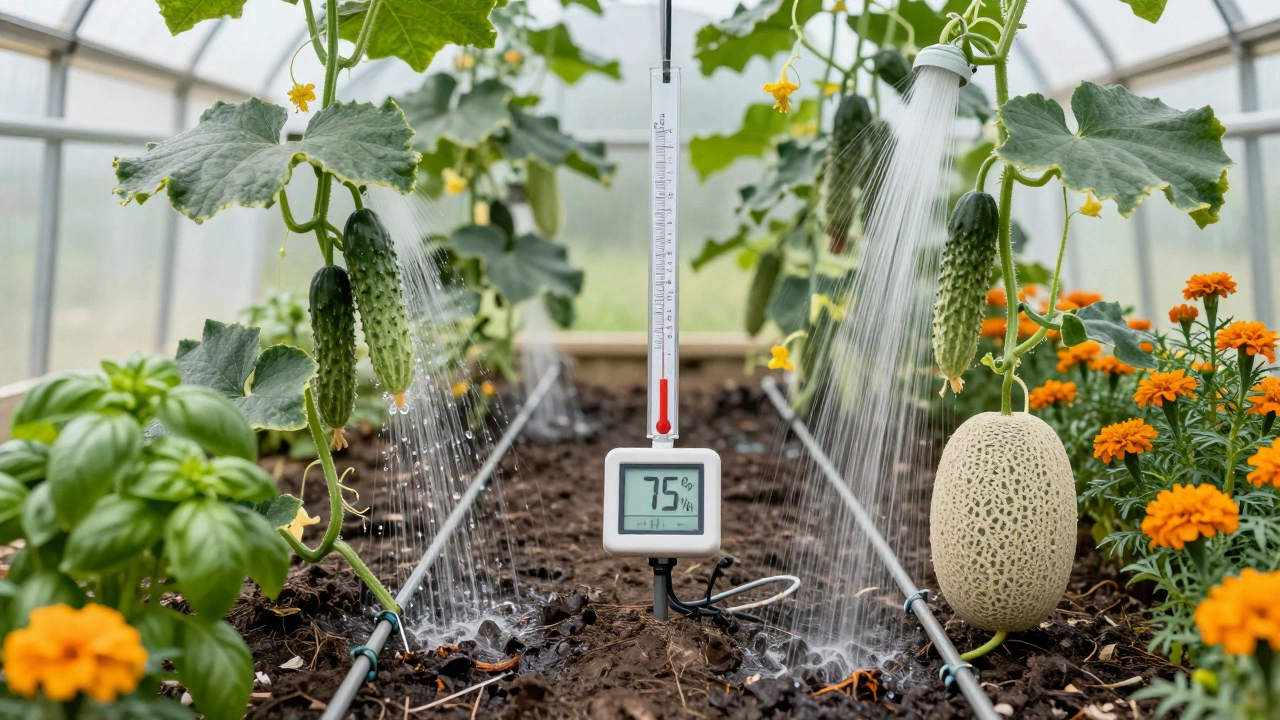 Контрастное орошение: капельный полив огурцов и дынь раздельно, с контролем влажности.