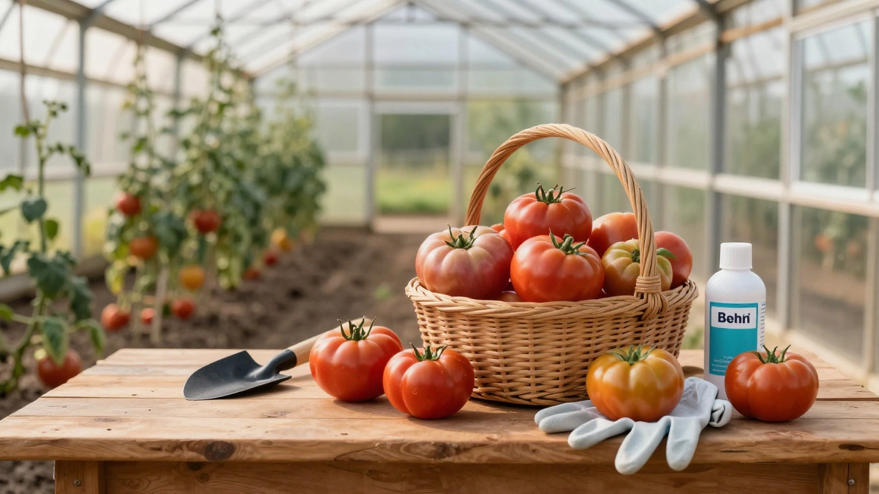 Корзина с спелыми помидорами разных сортов на фоне теплицы, символизирующая урожай при оптимальной плотности посадки.