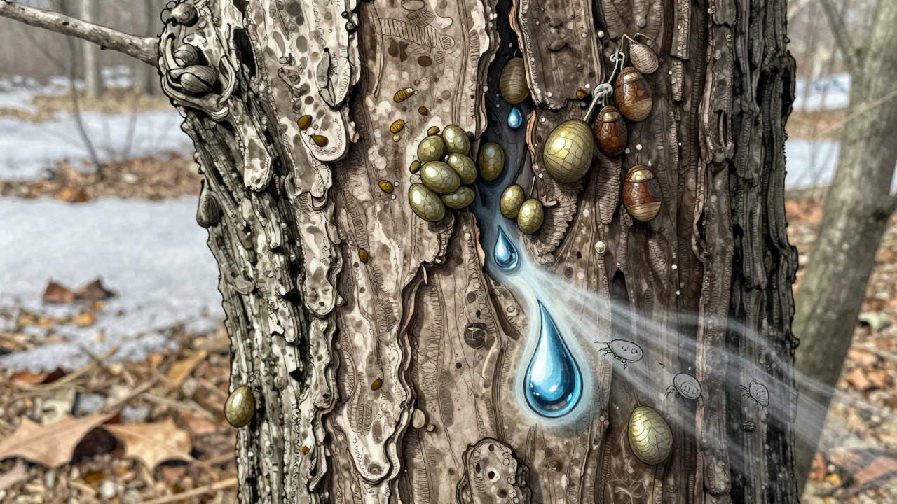 Крупный план коры дерева с видимыми яйцами вредителей, разрушаемыми раствором железного купороса.