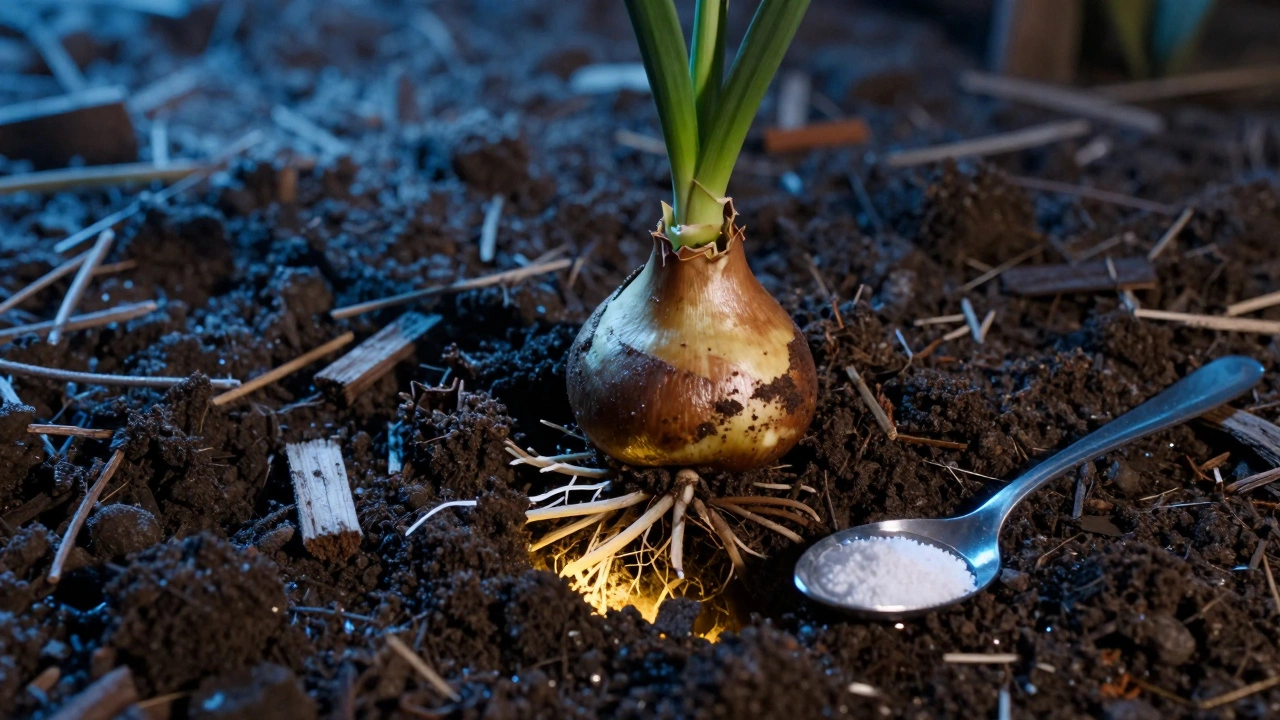 Луковицы и корни цветов зимой с древесной золой и удобрением для подготовки к весне.