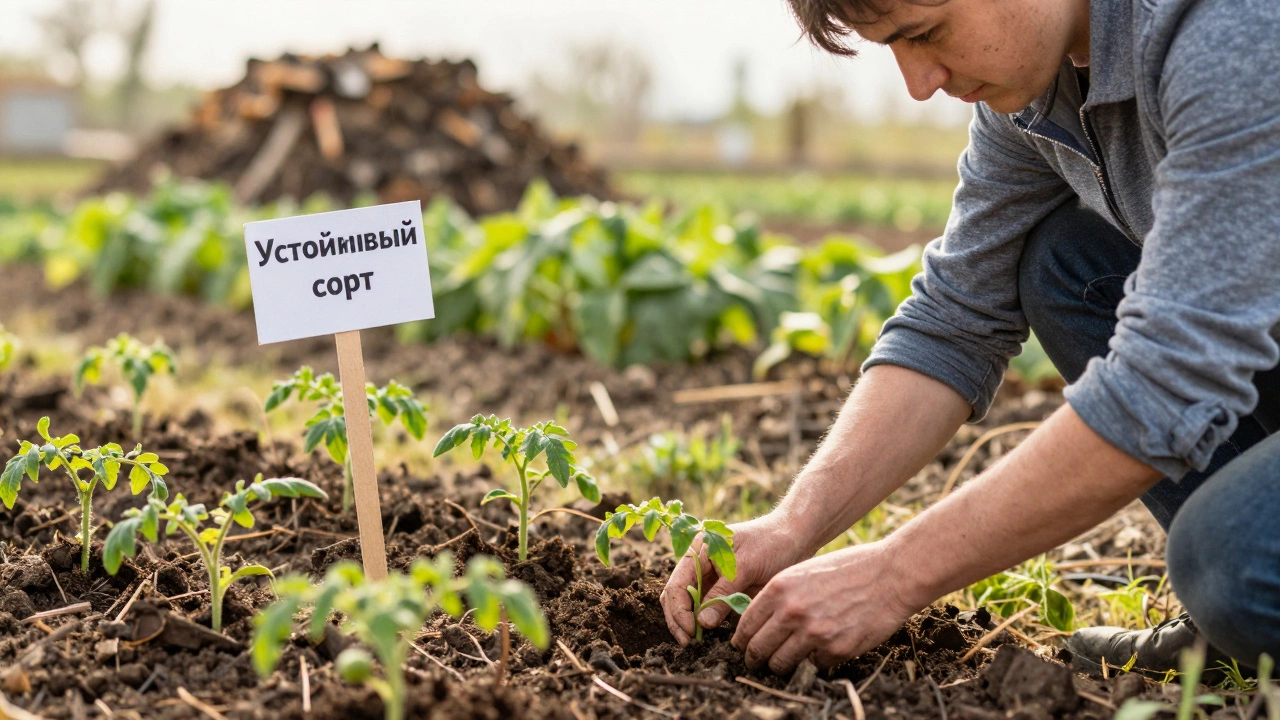 Саженцы томатов в мульче на чистой грядке, устойчивый сорт в фоне.