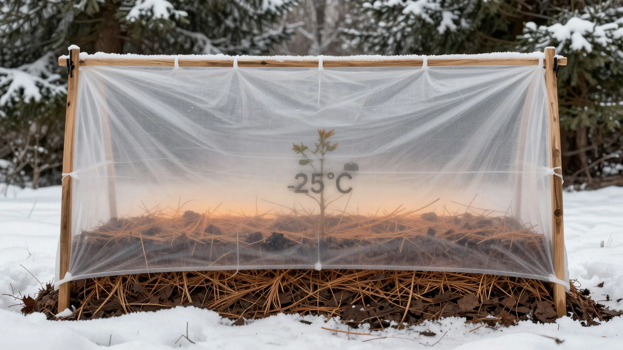 Слой торфа, лапника и спанбонда поверх куста розы для зимней защиты.