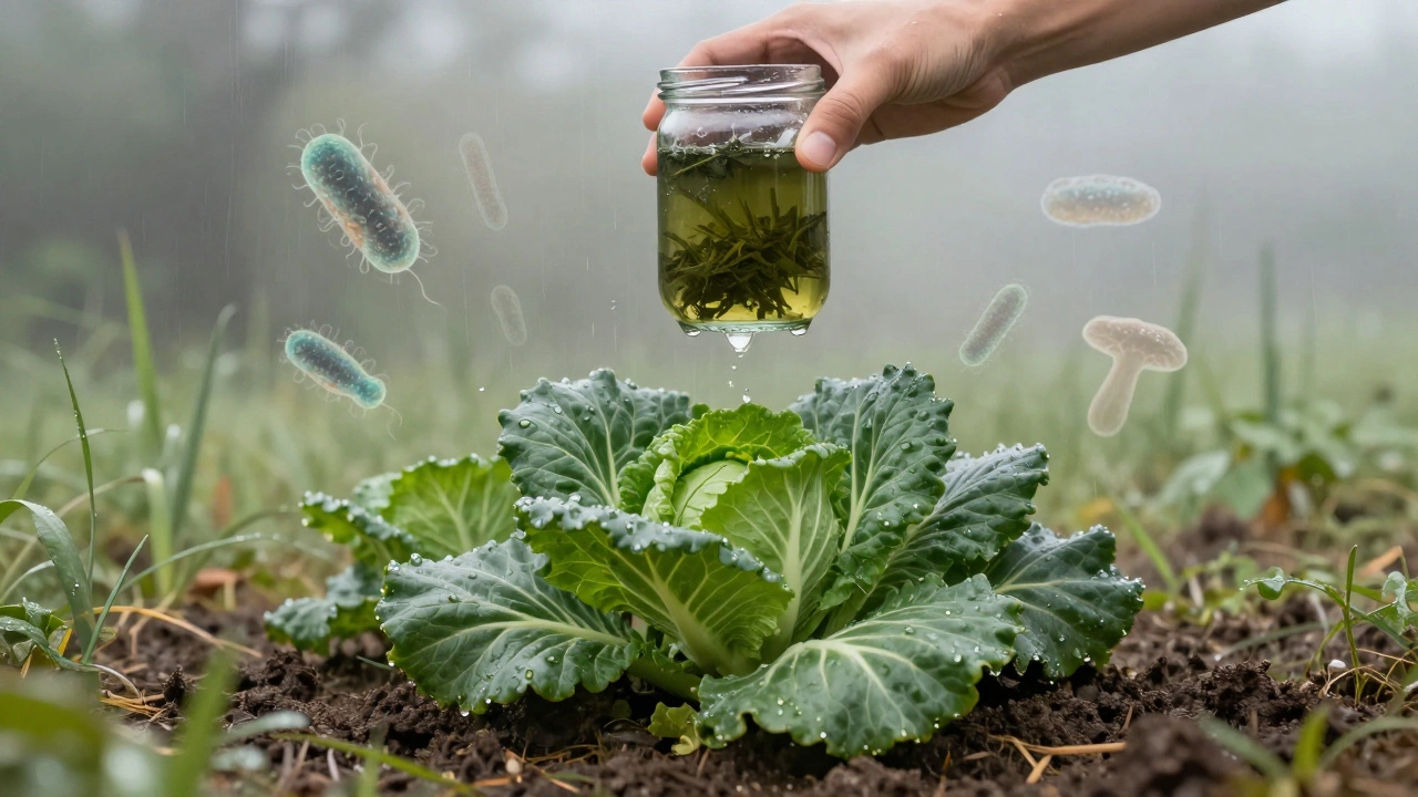 Стеклянная банка с травяным настоем поливает ожившие кочаны капусты.