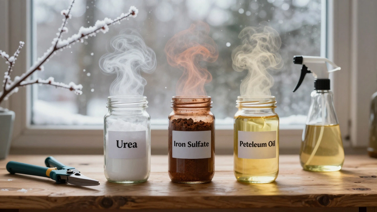 Три банки с средствами для обработки деревьев на фоне морозных ветвей и снега.