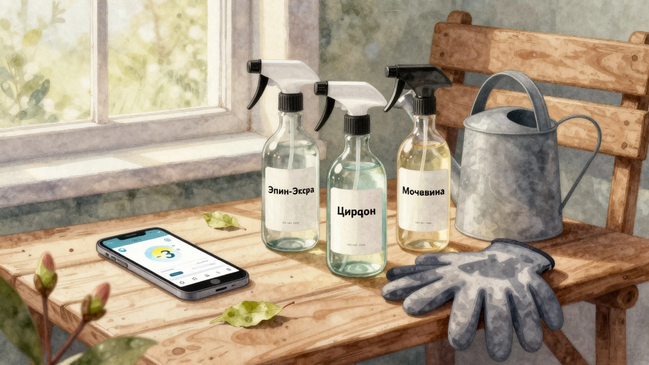 Три средства для защиты растений от заморозков на деревянной скамье.