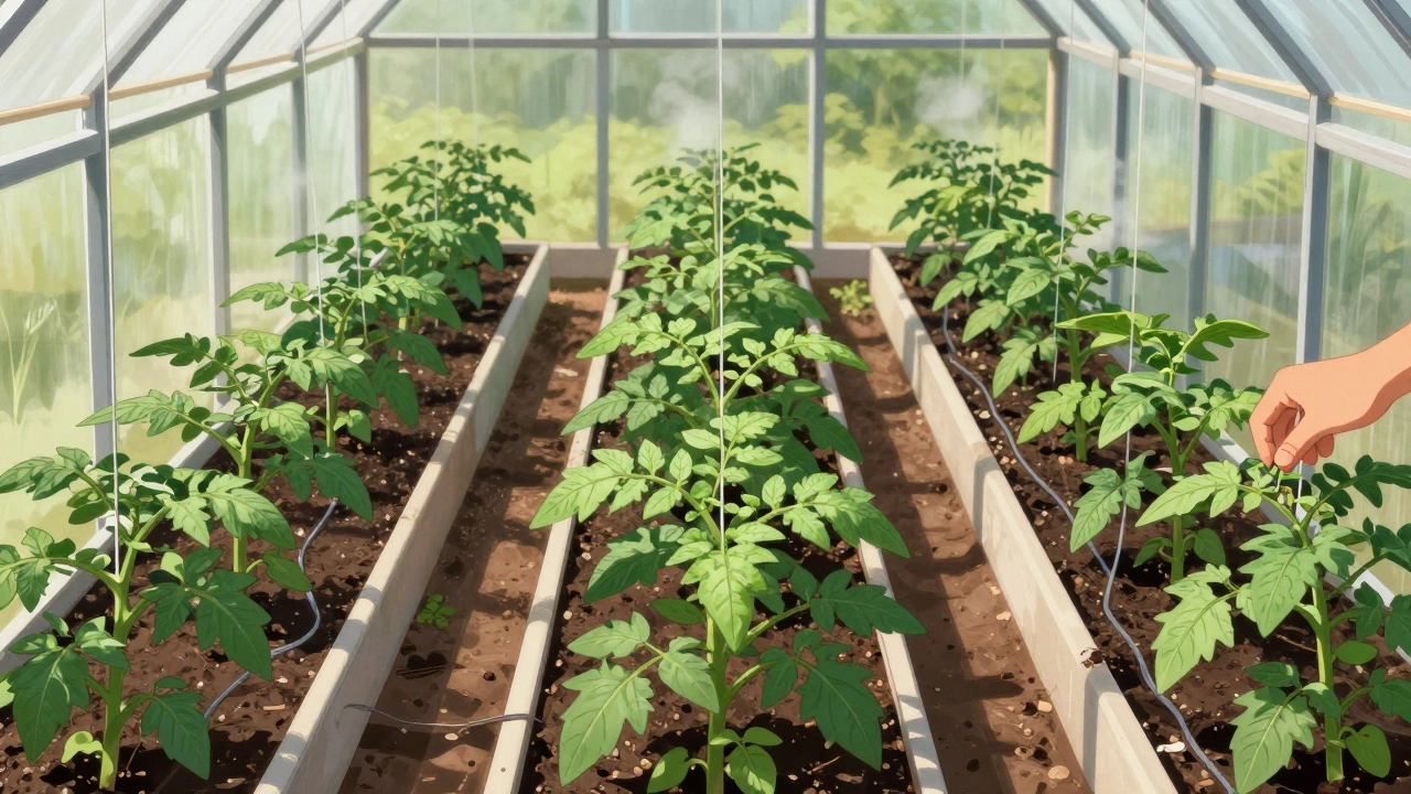 Три узкие грядки в теплице с 24 компактными кустами помидоров, подвязанные к веревкам, садовник обрезает пасынки.