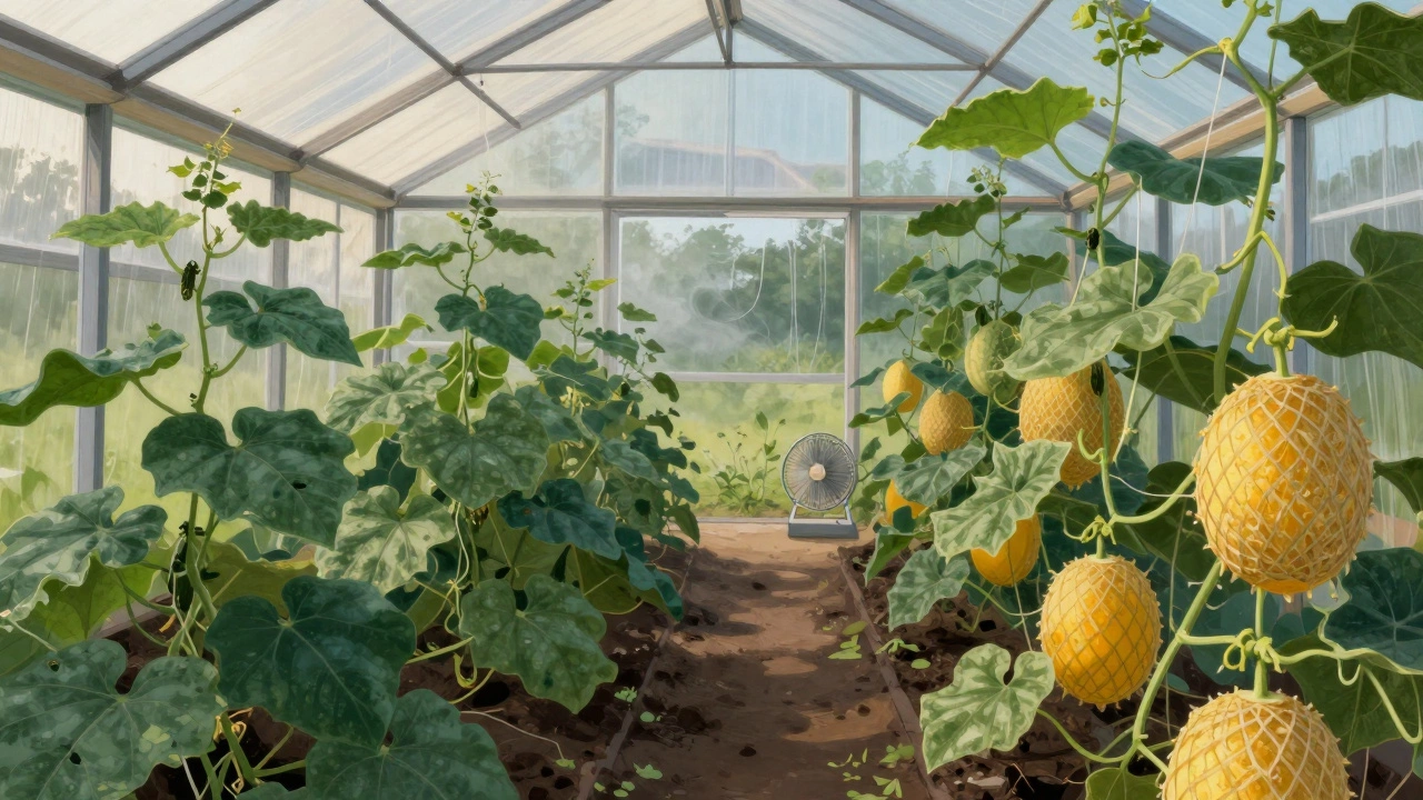 Вечернее проветривание теплицы: лёгкий ветер и открытые ставни над растениями.