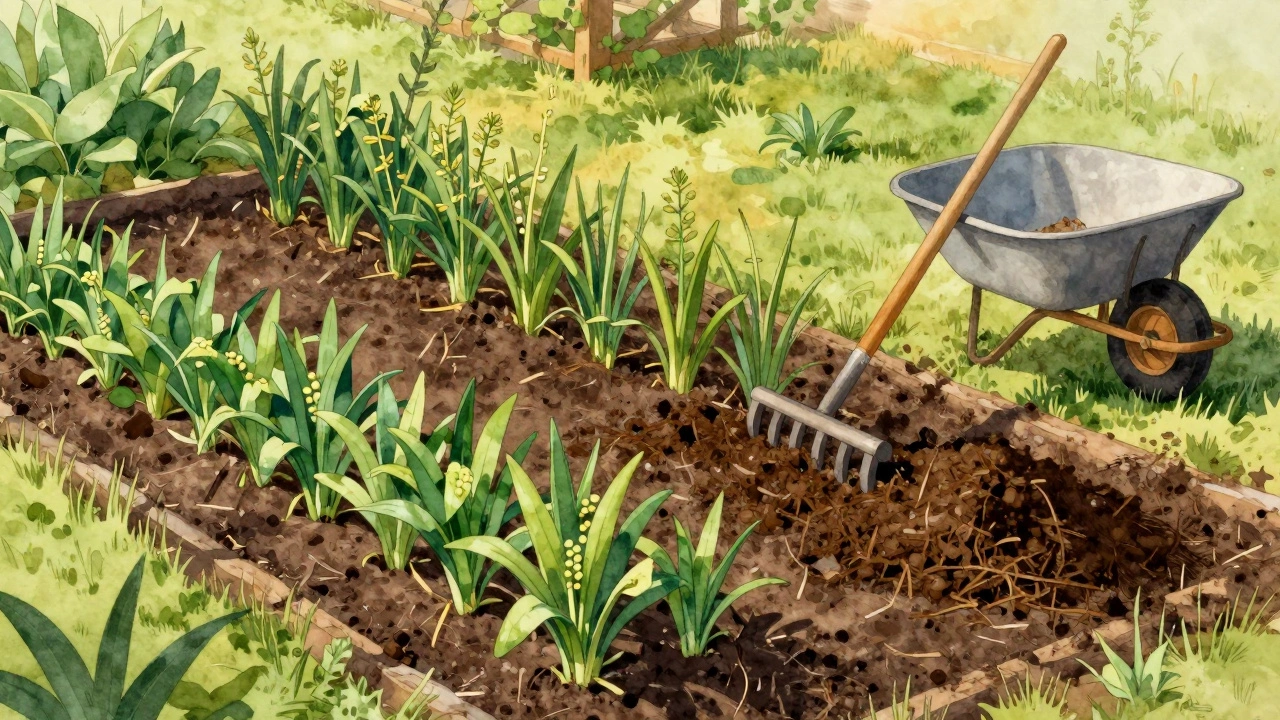 Весенний огород: компост и сидераты восстанавливают почву, зелёные всходы появляются на бороздах.