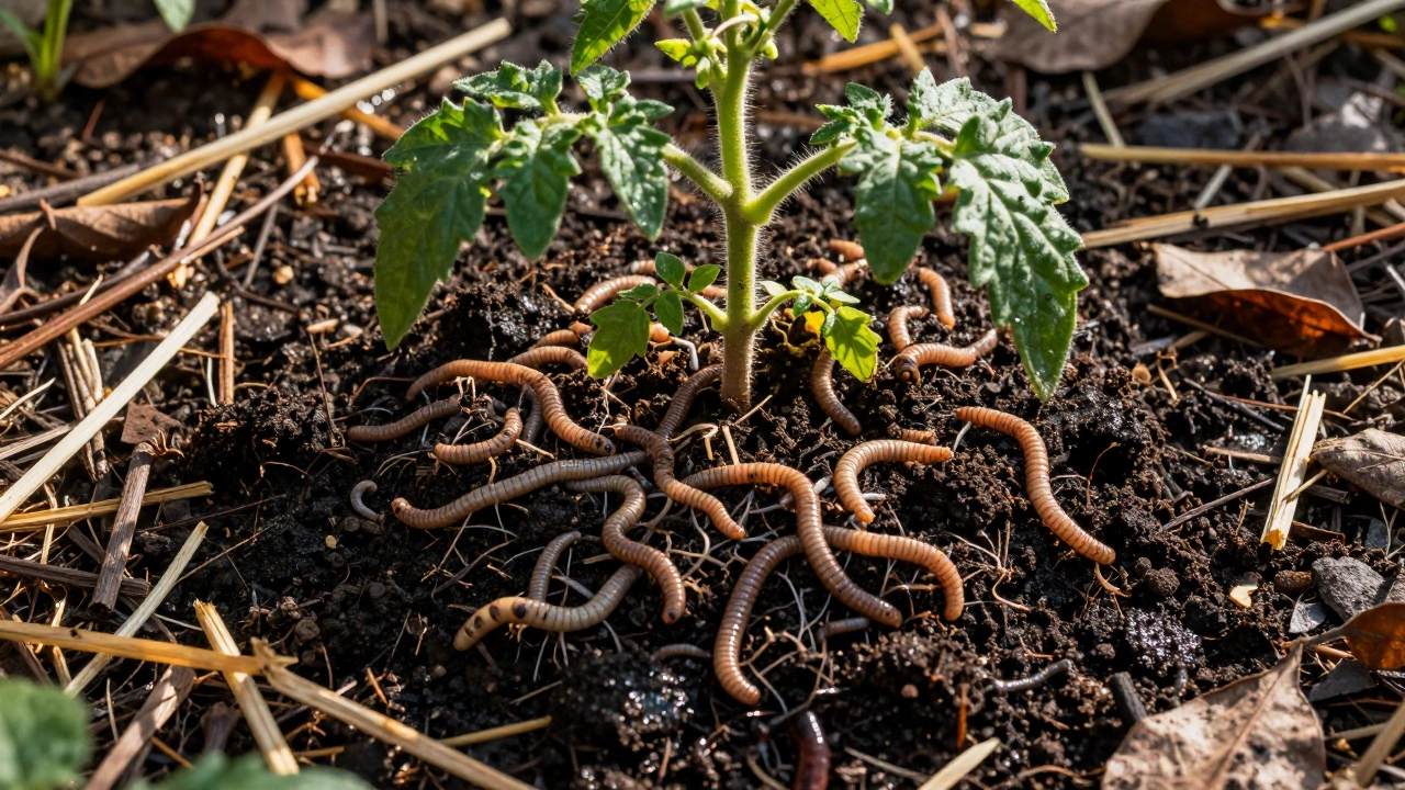 Здоровая чёрная земля с червями и мульчей, в центре — пышный томат, символ восстановления.