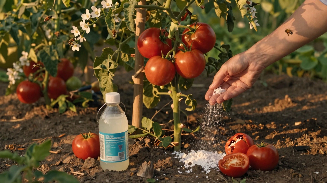 Зрелый куст помидоров с красными плодами, рядом садовник посыпает золой, на фоне заката.