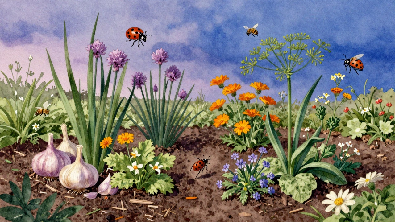 Цветущий сад с разнообразием растений, где тля изгнана естественными врагами.
