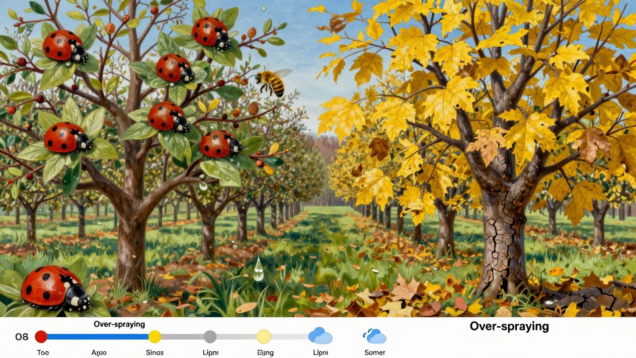 Дерево с желтыми листьями рядом с здоровым — символ последствий неправильного опрыскивания и важности баланса.