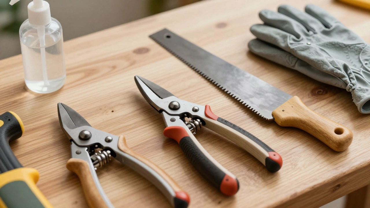 Инструменты для обрезки яблони: секатор, сучкорез, пила, дезинфицирующее средство.