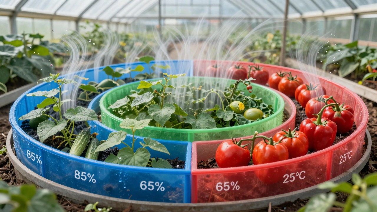 Концептуальная схема микроклиматических зон в теплице: три цветных круга показывают разные уровни влажности и температуры для каждой культуры.