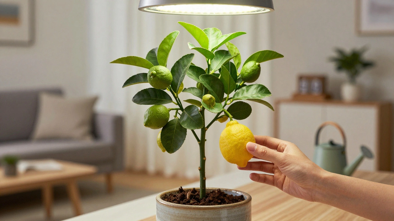 Лимонное дерево с маленькими плодами на подоконнике под фитолампой.