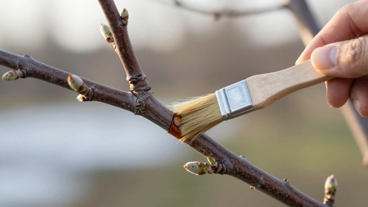 Обработка срезов садовым варом после обрезки яблони.