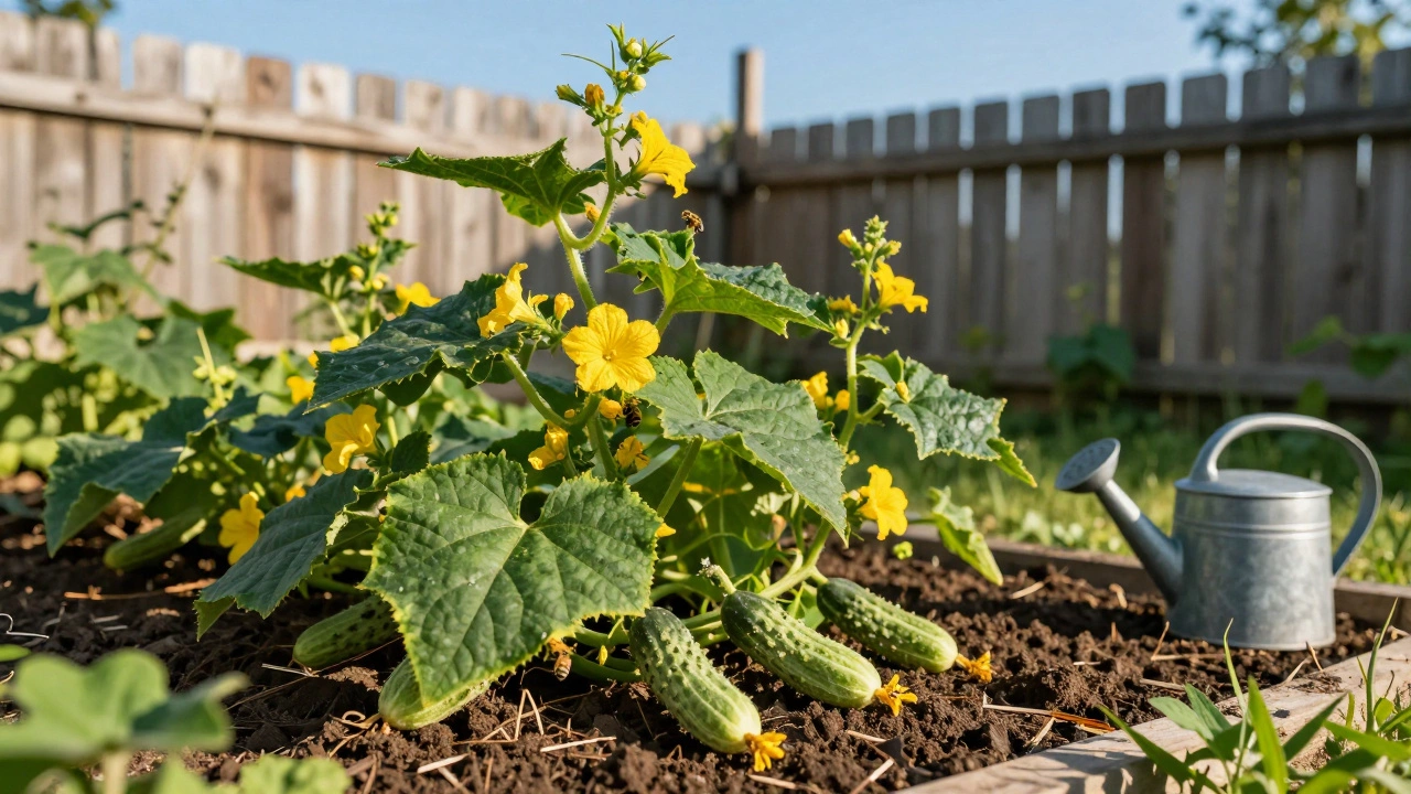 Огурцы на открытом грунте с пчелами и солнечным светом