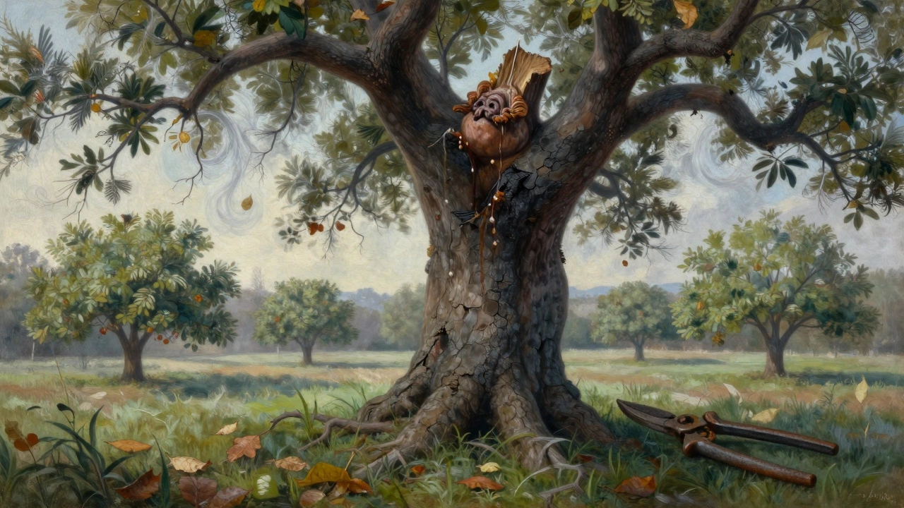 Погибающее дерево с разорванной верхушкой и тонкими мёртвыми ветвями, рядом — здоровые низкорослые деревья.