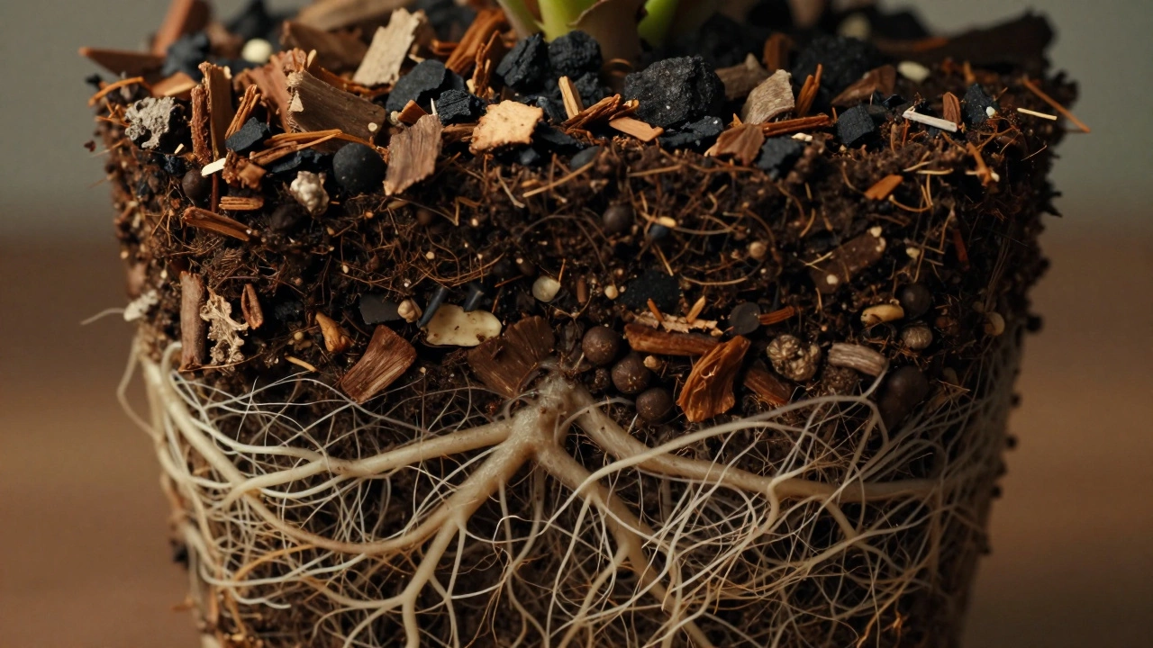 Разрез горшка с почвой, показывающий обогащённый слой, корни и микоризные нити.