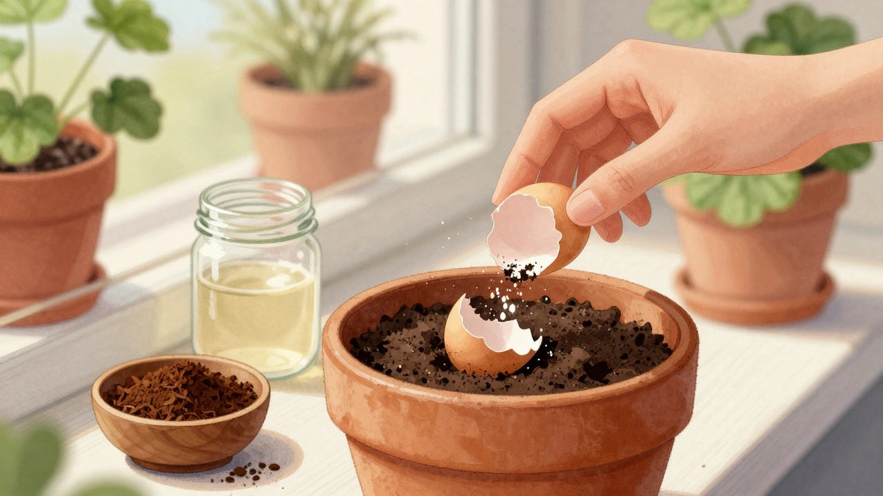 Рука рассыпает порошок из яичной скорлупы на почву у герани на подоконнике.