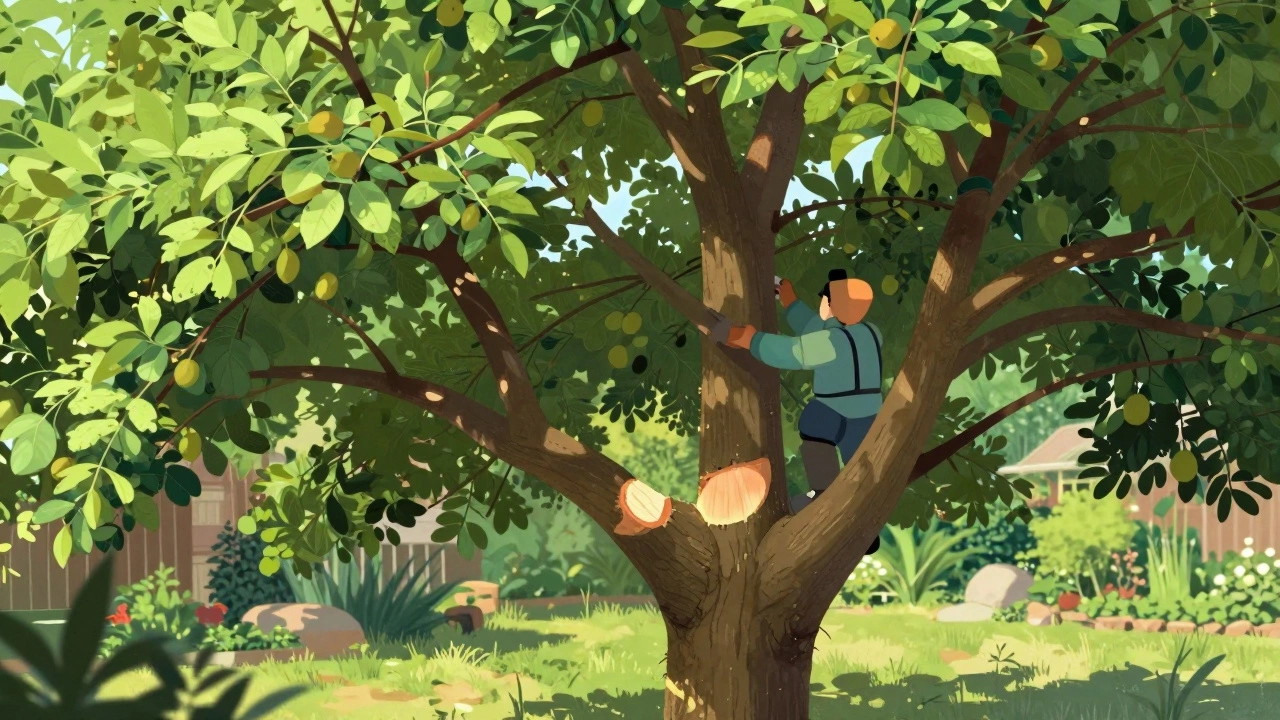 Садовник аккуратно обрезает ветвь над горизонтальной боковой веткой, сохраняя естественную форму дерева.