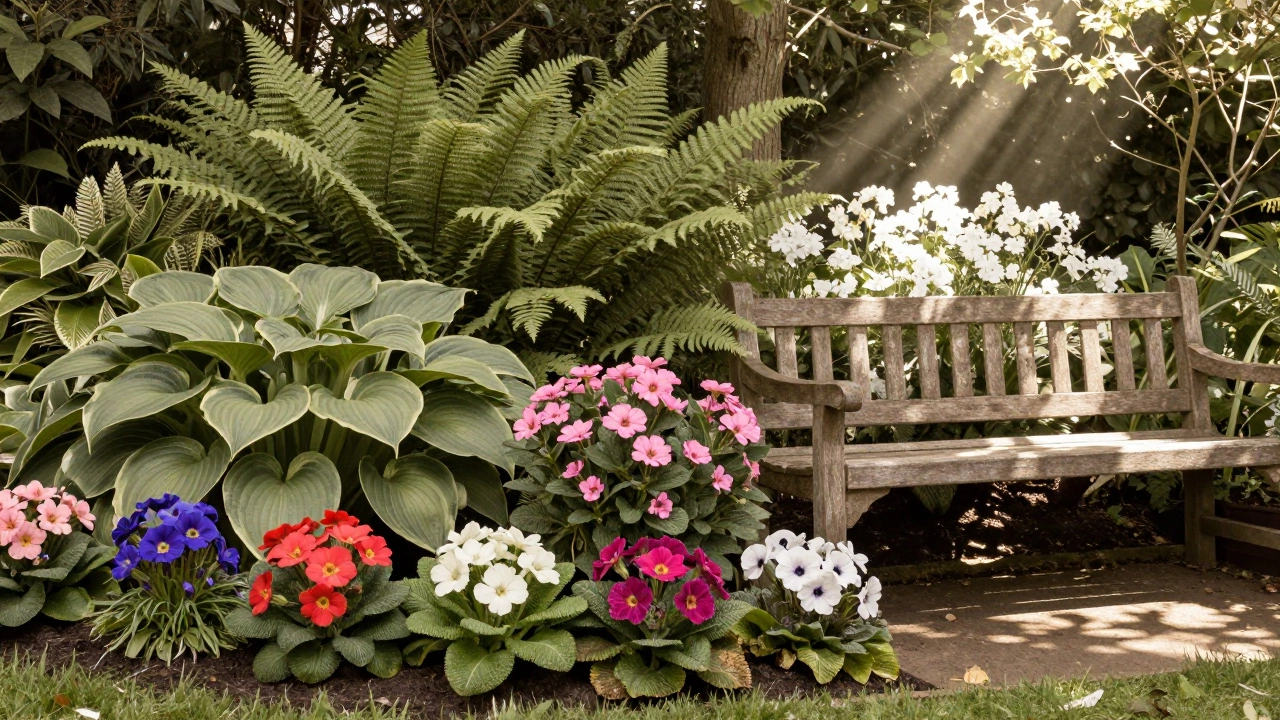 Слоистая композиция теневого сада: хосты, бадан и примулы, один луч солнца освещает белые цветы.