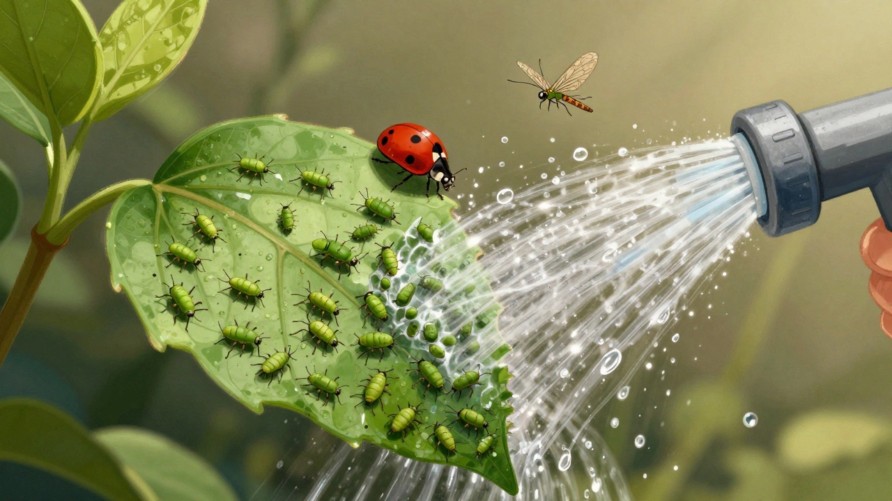 Струя воды смыла тлю с листа, рядом — божья коровка и златоглазка.