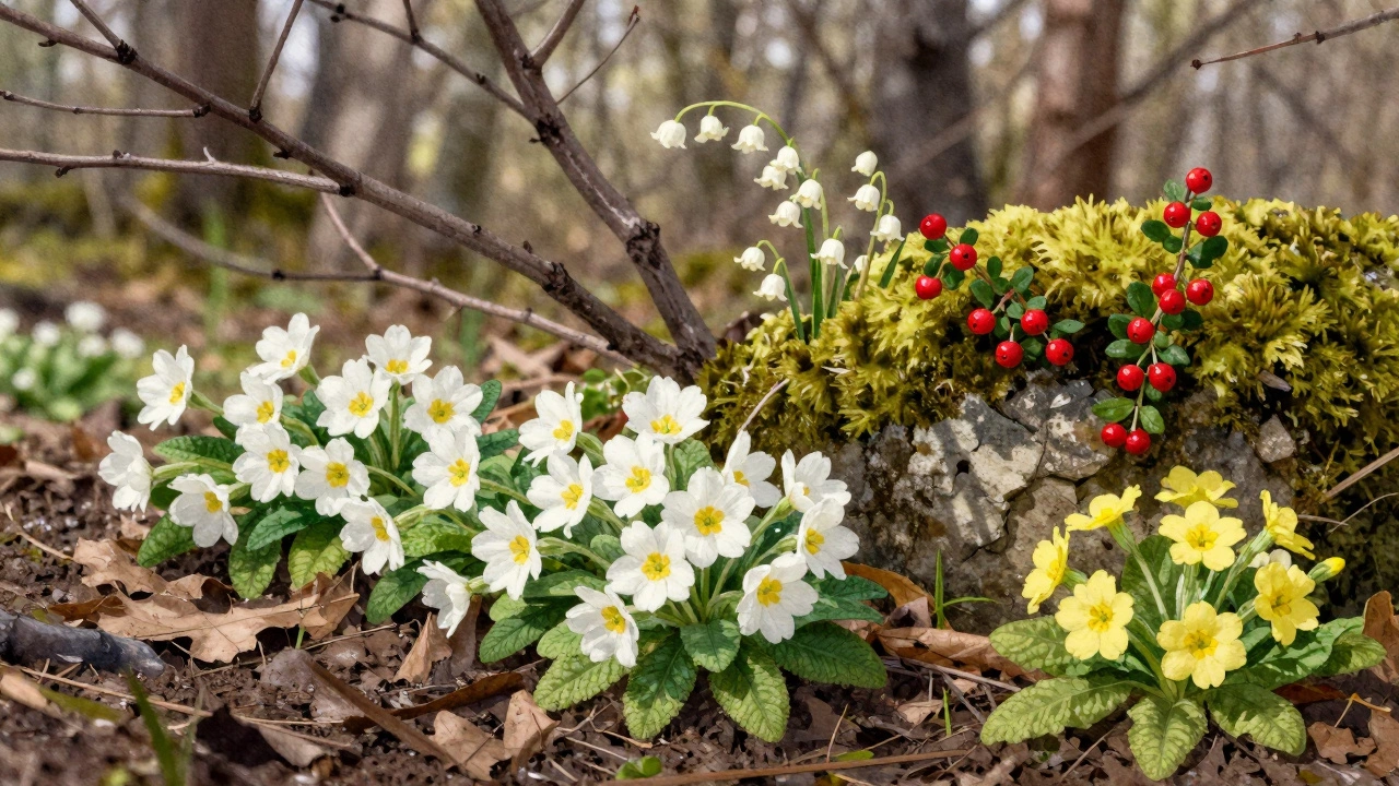 Весенние цветы — ветреница и примула — цветут под голыми ветвями деревьев на влажной земле.
