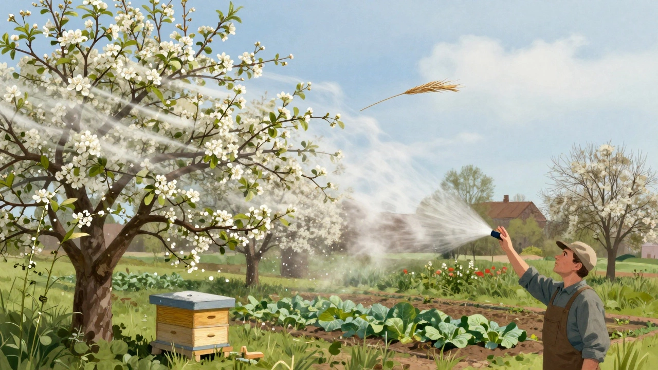 Ветер разносит пестицид от деревьев к улью и овощам, садовник замер, понимая опасность обработки при ветре.