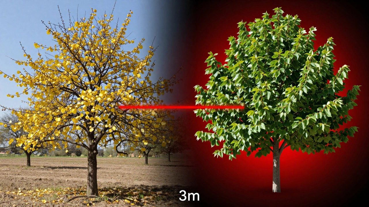 Болеющее слива слева и здоровая вишня справа, разделенные красной линией на 3 метра, рядом — токсичное пятно ореха.