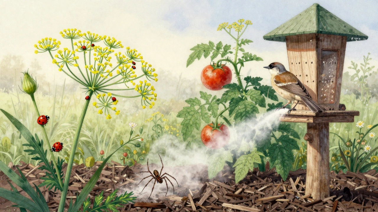 Божья коровка на укропе, паук под мульчей, птица у кормушки — сад в равновесии.