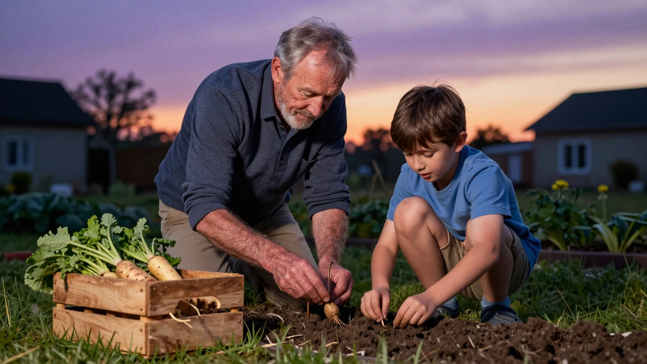 Дедушка учит внука ухаживать за растениями в саду.