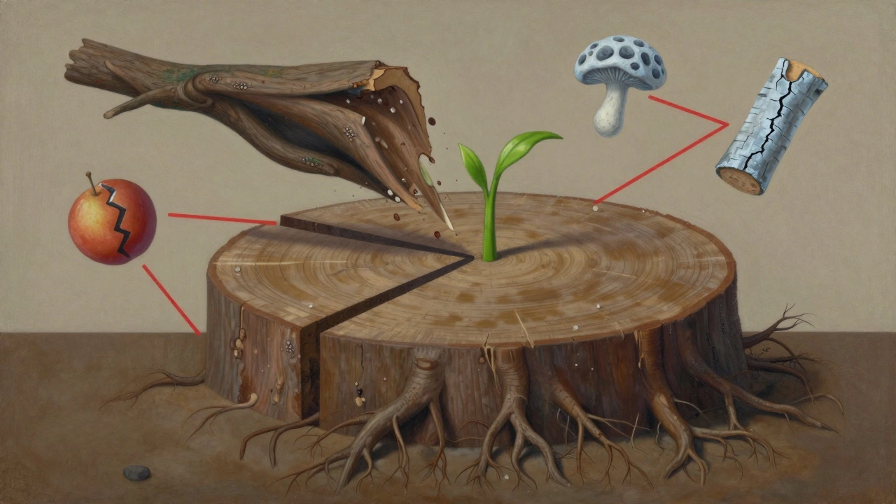 Дерево, разделённое на три части, с отрезанной верхней частью и признаками болезни вокруг ствола.