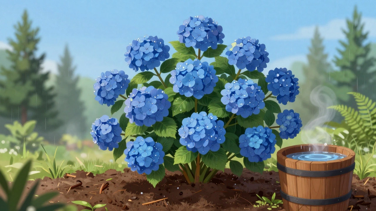 Гортензия с крупными синими соцветиями на кислой почве с торфом и дождевой водой в бочке.