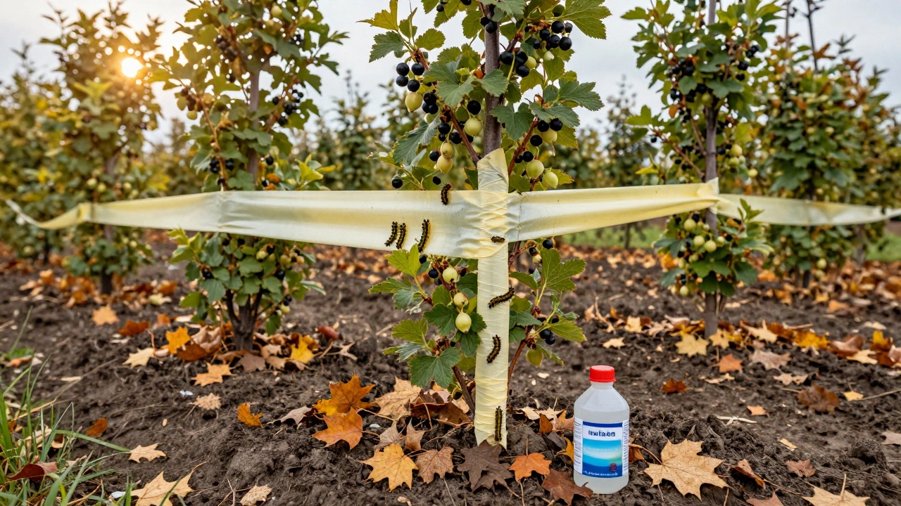 Липкая лента на стволе крыжовника ловит гусениц, под кустом лежат опавшие листья.