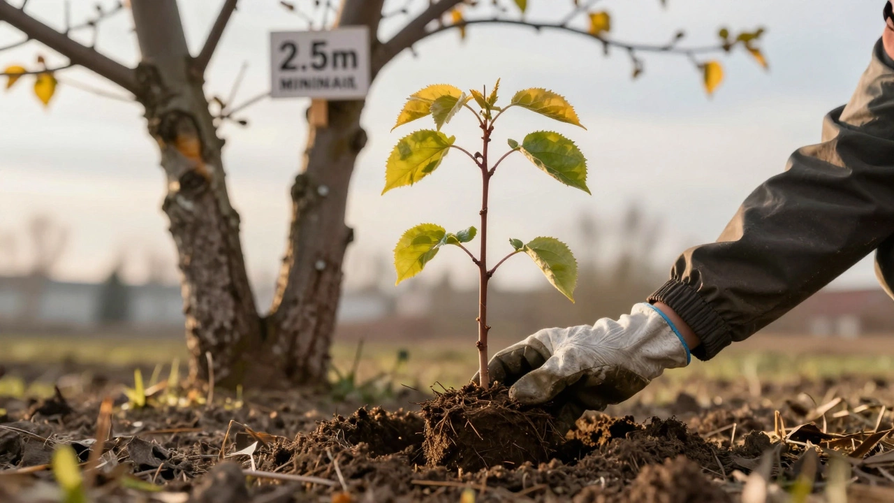 Молодая яблоня пересаживается в почву, рядом — старые большие деревья с переплетенными ветвями.