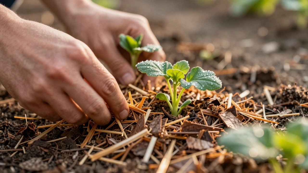 Мульчирование почвы вокруг молодых растений для сохранения влаги и тепла.