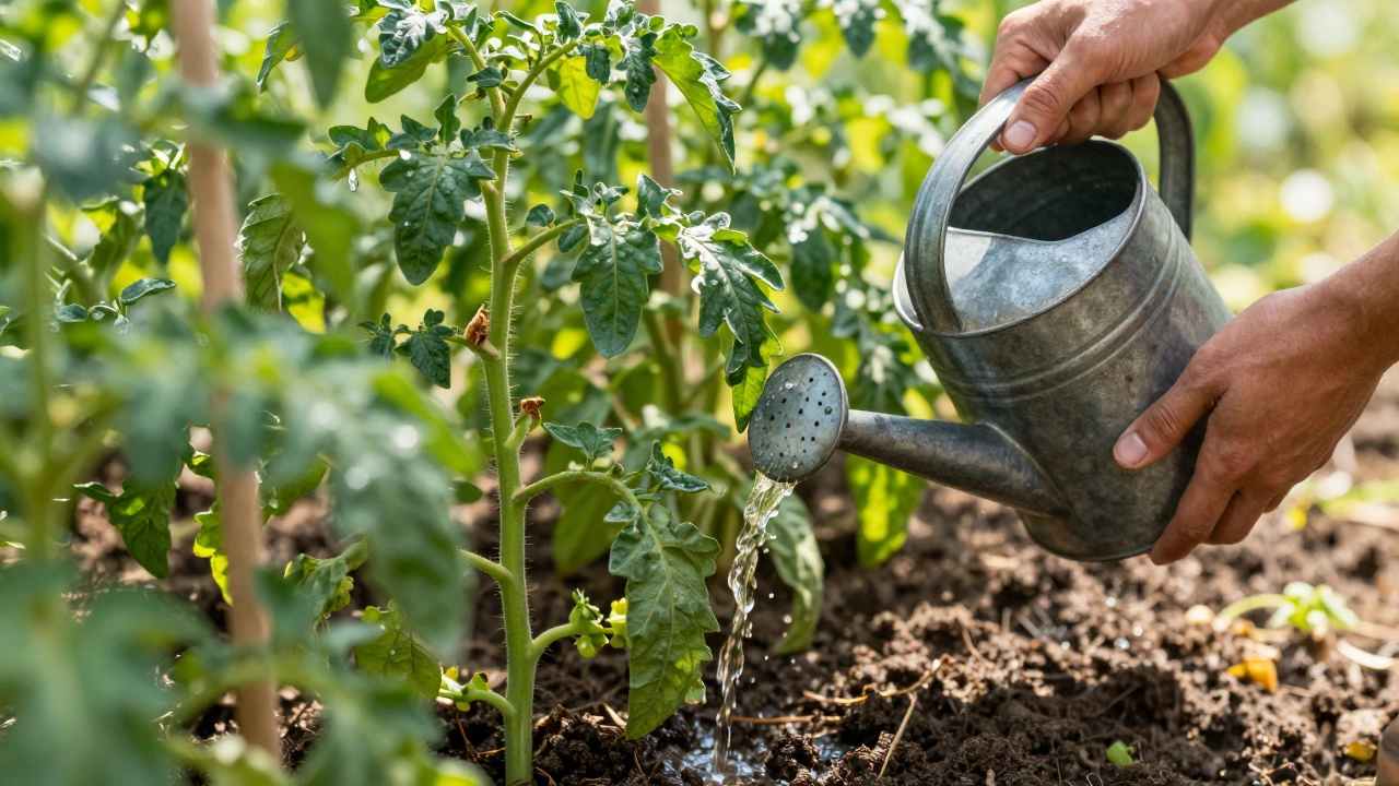 Полив растений натуральным раствором на солнечной грядке