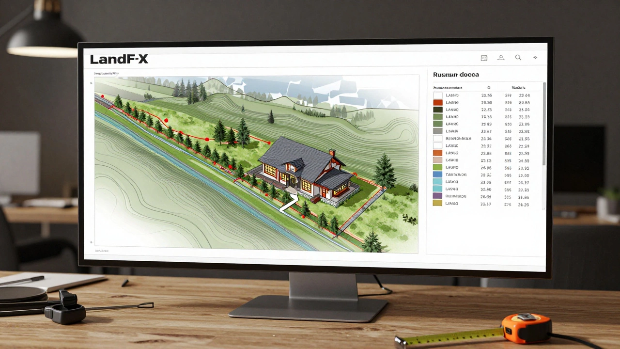 Профессиональный ландшафтный проект в интерфейсе Land F/X с контурами уклона и стоимостью материалов.