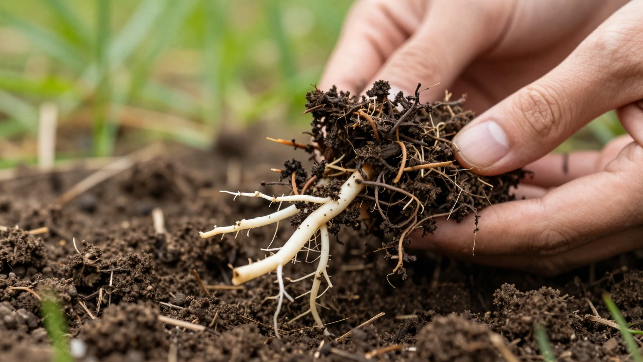 Проверка корней травы после поднятия дерна