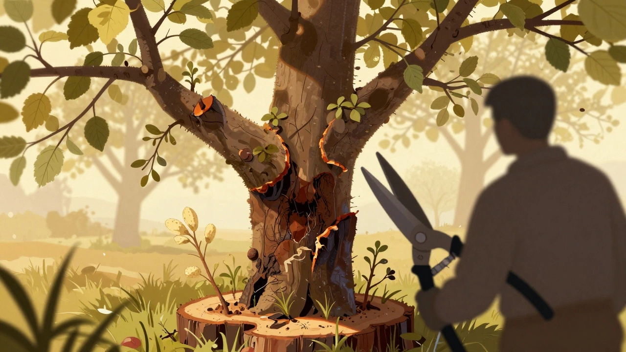 Разрез ствола дерева с гнилью и слабым новым ростом, символизирующий стресс от чрезмерной обрезки.