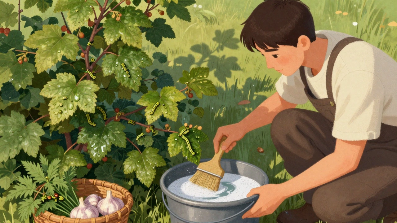 Садовник стряхивает гусениц с куста крыжовника в ведро с мыльной водой вечером.