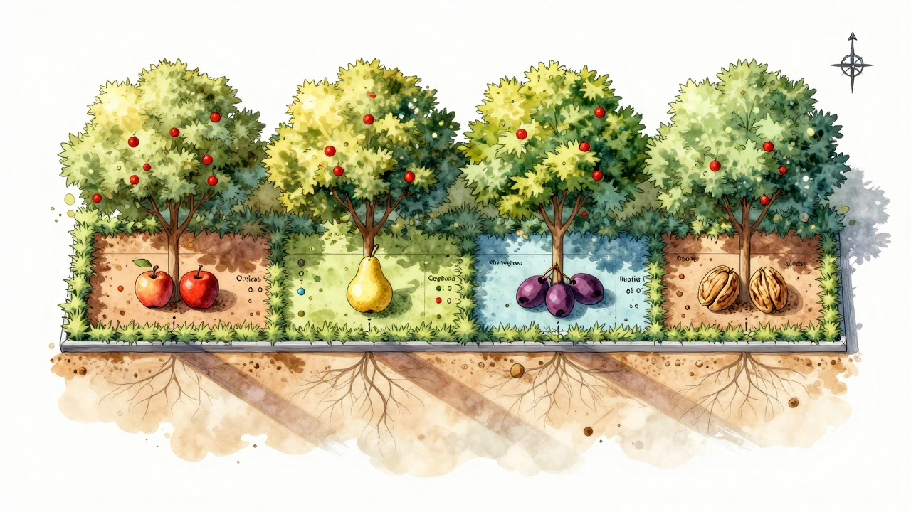 Схема посадки фруктовых деревьев с обозначенными расстояниями и совместимыми парами в водяных красках.