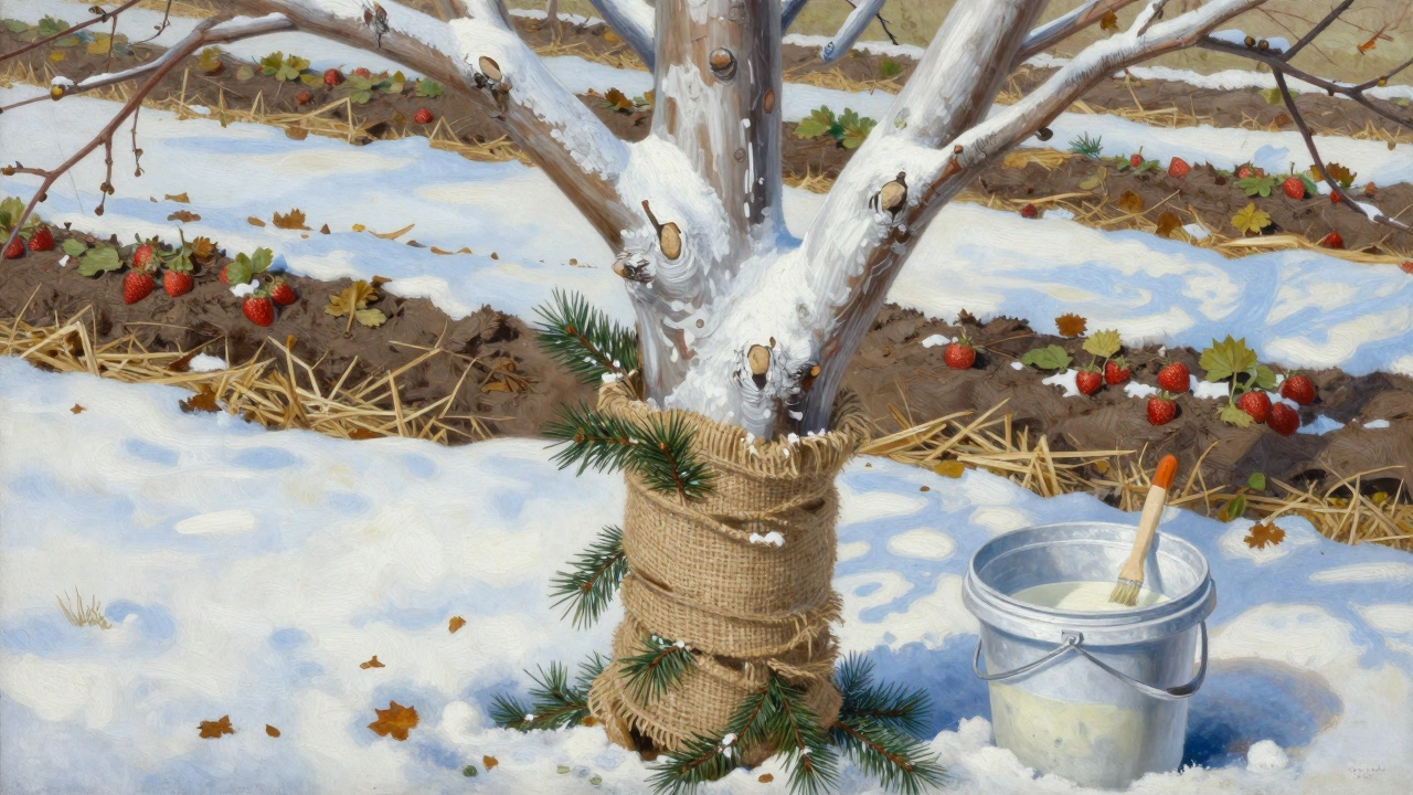 Ствол яблони обвязан мешковиной и лапником, покрыт известковой обмазкой, на земле — мульча из соломы.