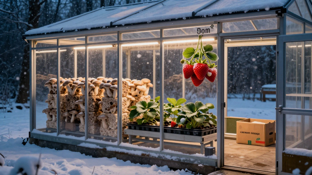 Теплица ночью: грибы, клубника под светом, снег снаружи, коробка с овощами у двери.