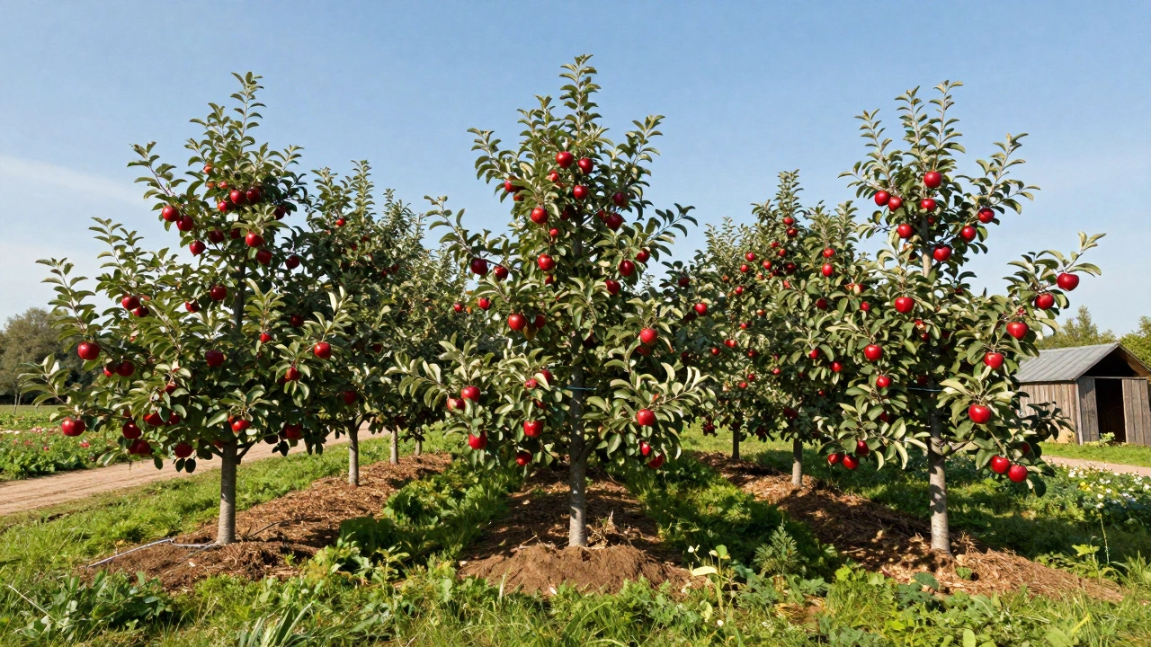 Три полукарликовые яблони на оптимальном расстоянии, солнечный сад с обильным урожаем и мульчей у стволов.