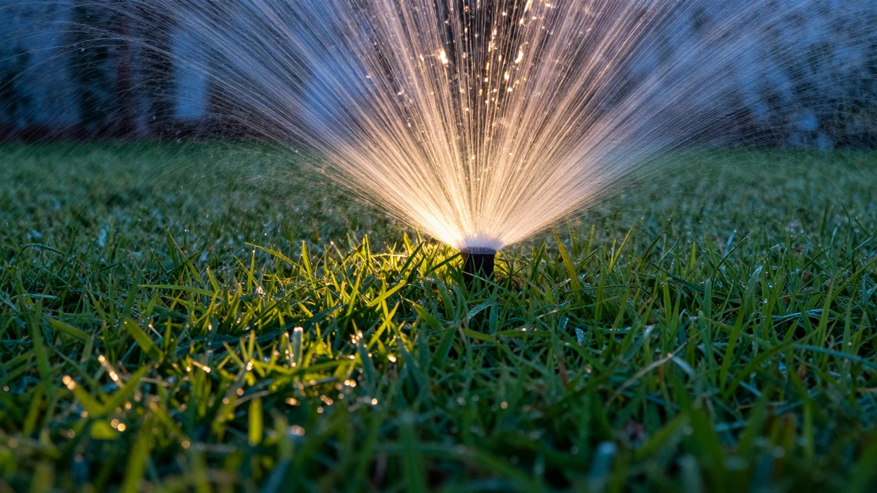 Влажная трава после утреннего полива водой